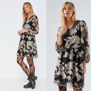 Anthropologie Maeve Trixie Dress Black & Beige Floral Embroidered Sheer Sz S